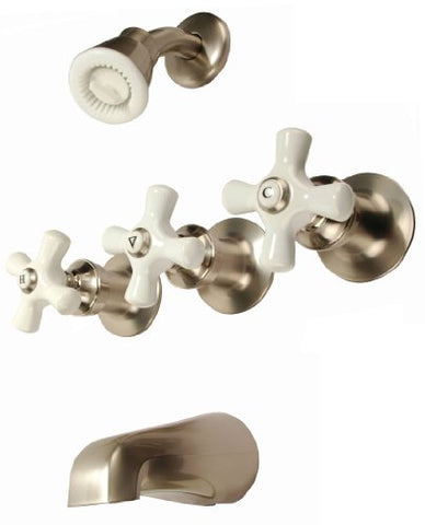 3-handle Tub & Shower Faucet, Satin Nickel Finish, Porcelain Handle, Compression Stems
