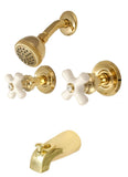 Trim Kit for Delta, Peerless 2-handle Washerless Cartridge Shower Valve, Polish Brass Finish, With Porcelain Cross Handles and 2 1/2"-face Showerhead - By PlumbUSA