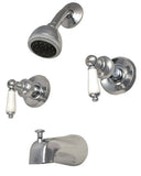 8" Two-handle Tub and Shower Faucets, Washerless, Satin Nickel Finish, Porcelain Lever Handle - PlumbUSA 34586SN