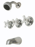 8" Three-handle Tub and Shower Faucets, Chrome Plated, Washerless, Porcelain Cross Handle - Plumb USA 34580CP