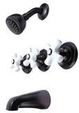8" Three-handle Tub and Shower Faucets, Oil Rubbed Bronze, Washerless Cartridge, Porcelain Cross Handle - Plumb USA