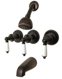 8" Three-handle Tub and Shower Faucets, Oil Rubbed Bronze, Washerless Cartridges, Porcelain Lever Handles - PlumbUSA 34584bob