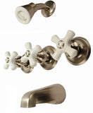 8" Three-handle Tub and Shower Faucets, Washerless, Satin Nickel Finish, Porcelain Cross Handle - Plumb USA 34580SN