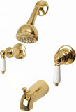 Trim Kit for Delta, Peerless 2-handle Washerless Cartridge Shower Valve, Polish Brass Finish, With Porcelain Lever Handles and 2 1/2"-face Showerhead - By PlumbUSA