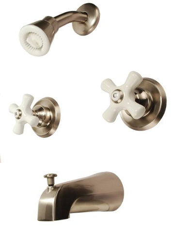 8" Two-handle Tub and Shower Faucets, Satin Nickel Finish, Washerless, Porcelain Cross Handle