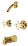 8" Two-Handle Tub and Shower Faucets, Polish Brass Finish, Washerless, Porcelain Cross Handle