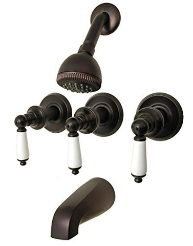 8" Three-handle Tub and Shower Faucets, Oil Rubbed Bronze, Washerless Cartridges, Porcelain Lever Handles