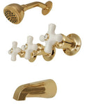 3-handle Tub & Shower Faucet, Polish Brass Finish, Porcelain Handle, Compression Stems