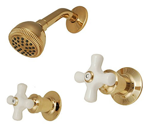 Two-handle Shower Faucet, Polish Brass Finish, Porcelain Handle, Compression Stems - By PlumbUSA