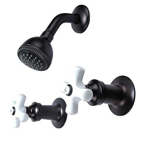 Two-handle Shower Faucet, Oil Rubbed Bronze Finish, Porcelain Handle, Compression Stems - By PlumbUSA