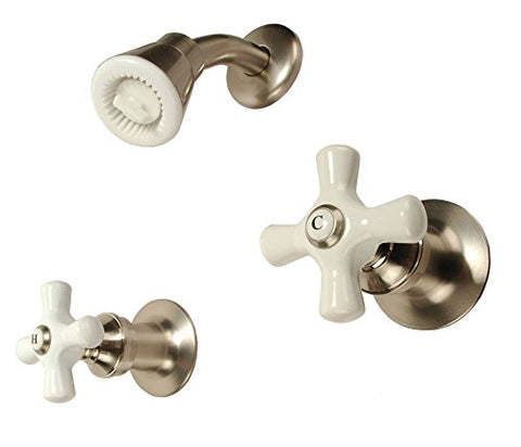 Two-handle Shower Faucet, Satin Nickel Finish, Porcelain Handle, Compression Stems - By PlumbUSA