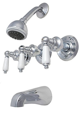 8" Three-handle Tub and Shower Faucets, Washerless, Quarter-turn Porcelain Handle - By PlumbUSA