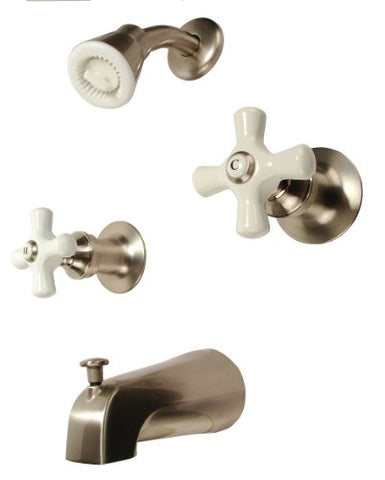 Two-handle Tub & Shower Faucet, Satin Nickel Finish, Porcelain Handle, Compression Stems - By Plumb USA