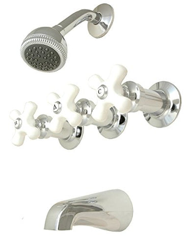 3-handle Tub & Shower Faucet, Chrome Plated, Porcelain Handle, Compression Stems