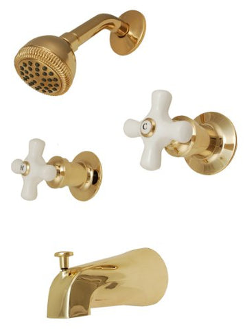 Two-handle Tub & Shower Faucet, Polish Brass Finish, Porcelain Handle, Compression Stems - By PlumbUSA
