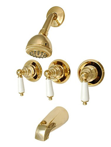 Trim Kit for Delta, Peerless 3-handle Washerless Cartridge Shower Valve, Polish Brass Finish, With Porcelain Lever Handles and 2 1/2"-face Showerhead - By PlumbUSA