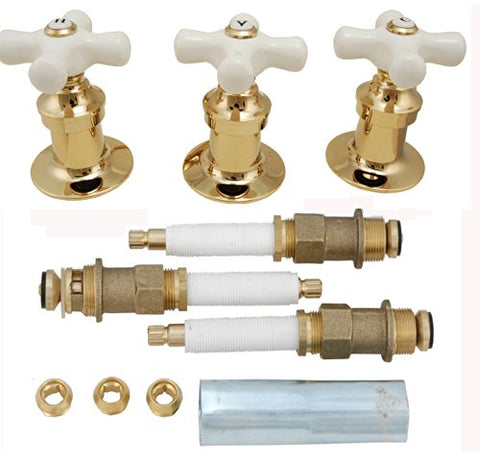 Re-modeling Kit, Fit Price Pfister Shower, with Porcelain Cross Handles, Polish Brass Finish - By PlumbUSA